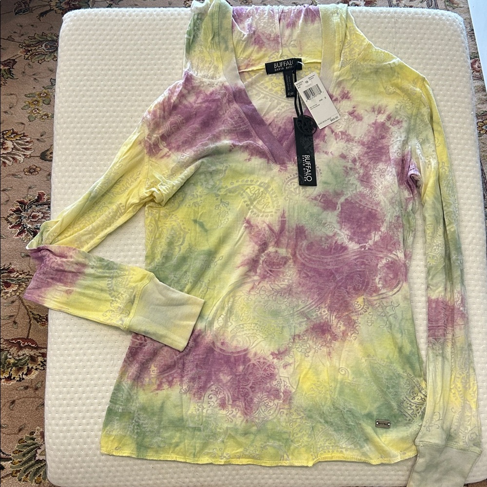 Buffalo by David Bitton Yellow, Purple pattern Dyed Hooded Pullover Top-S -NWT